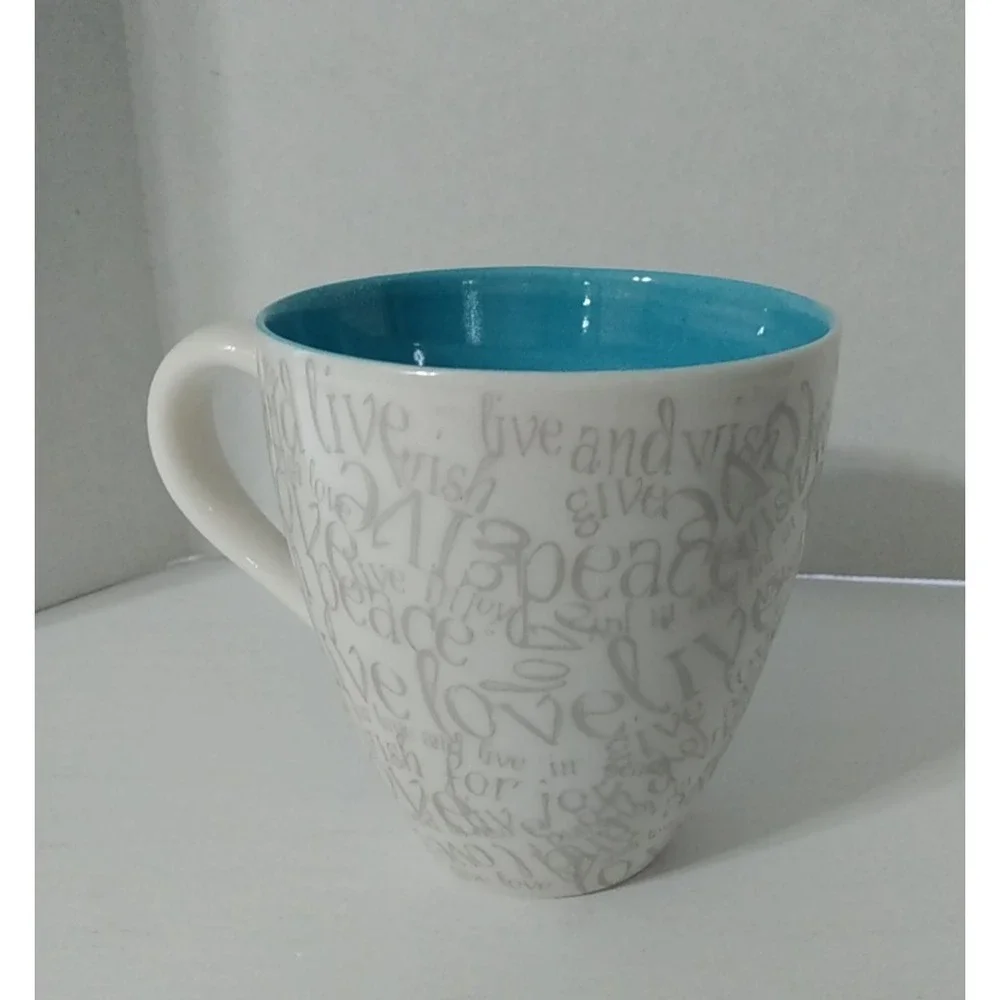 Starbucks 2005 Christmas Wish Holiday white teal gray Peace Live Love Coffee Mug